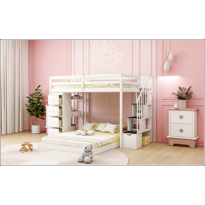 Lit superposé simple au dessus d'un lit double avec tablettes intégrées, tiroirs et escalier de rangement pour un espace de vie compact et organisé