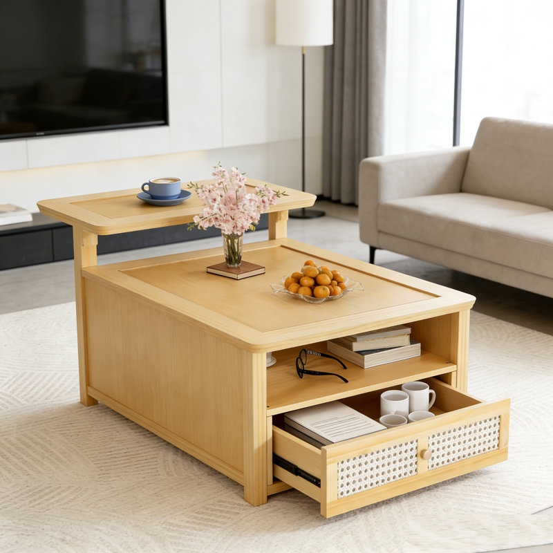 Modern Coffee Table with Storage Shelf, Dual Tabletops and Woven Drawer for Living Room Furniture