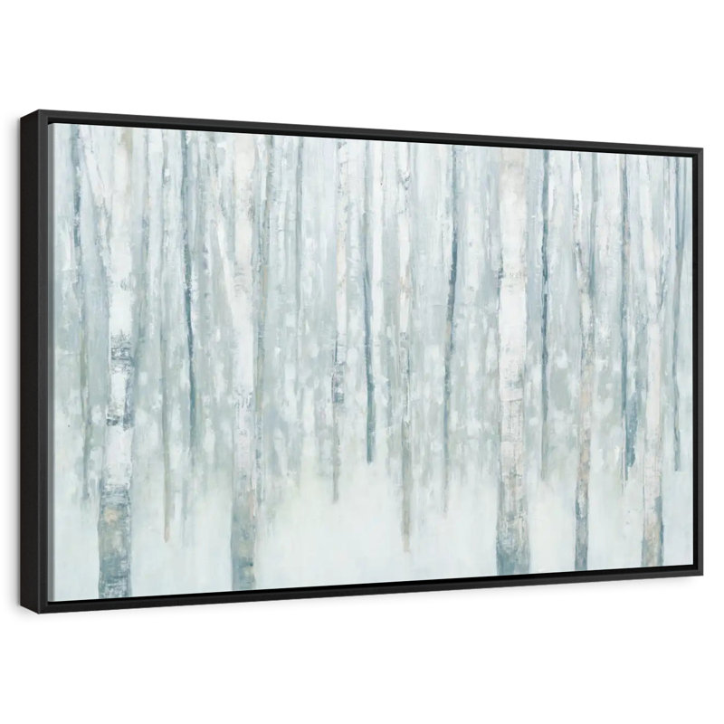 Bouleaux en bleu-gris d'hiver, Cadre flottant noir, 37 po x 25 po