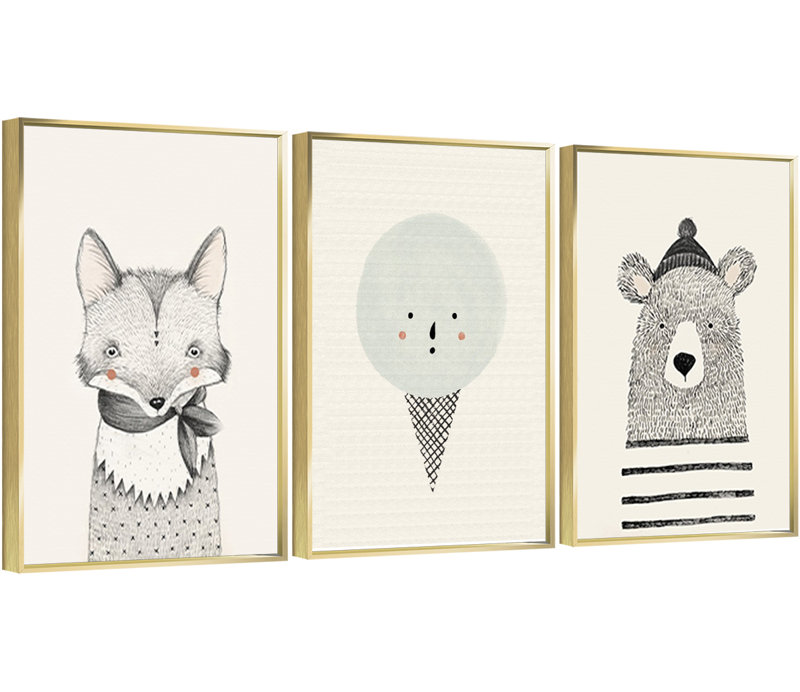 Mignon animaux, art mural encadré en aluminium - ensemble de 3 reproductions d'art sur toile encadrées, Cadre doré
