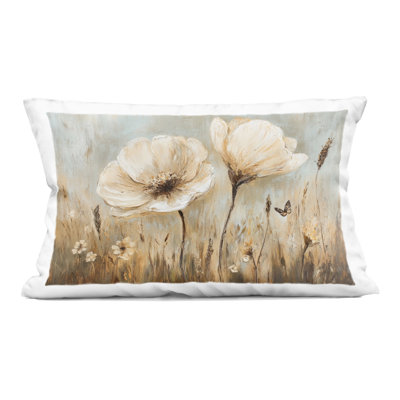 White Wildflowers Brown Meadow Decorative Printed Throw Pillow, design by Petal Prints Design