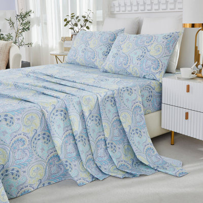 100% Egyptian Cotton Fitted Sheet Set,4pcs 800 Thread Count  Luxury Vintage Classic Blue Damask Paisley Bedding Set, For Bedroom Guest Room All Seasons