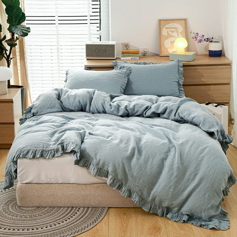 Dusty Blue King Size Linen Ruffled Duvet Cover Set