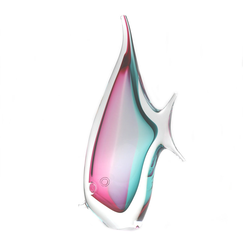 Murano Glass Design Tropical Fish, 10" H x 7" W x 2.5" D, Aqua/Ruby