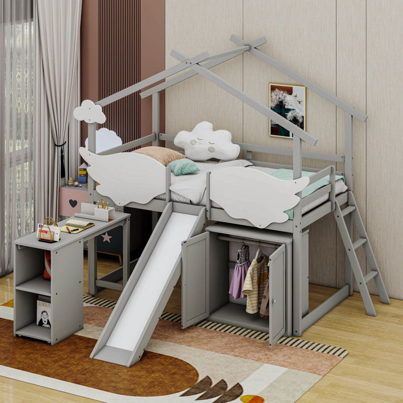 Lit simple avec garde-robe Peotone, Gris usé / blanc