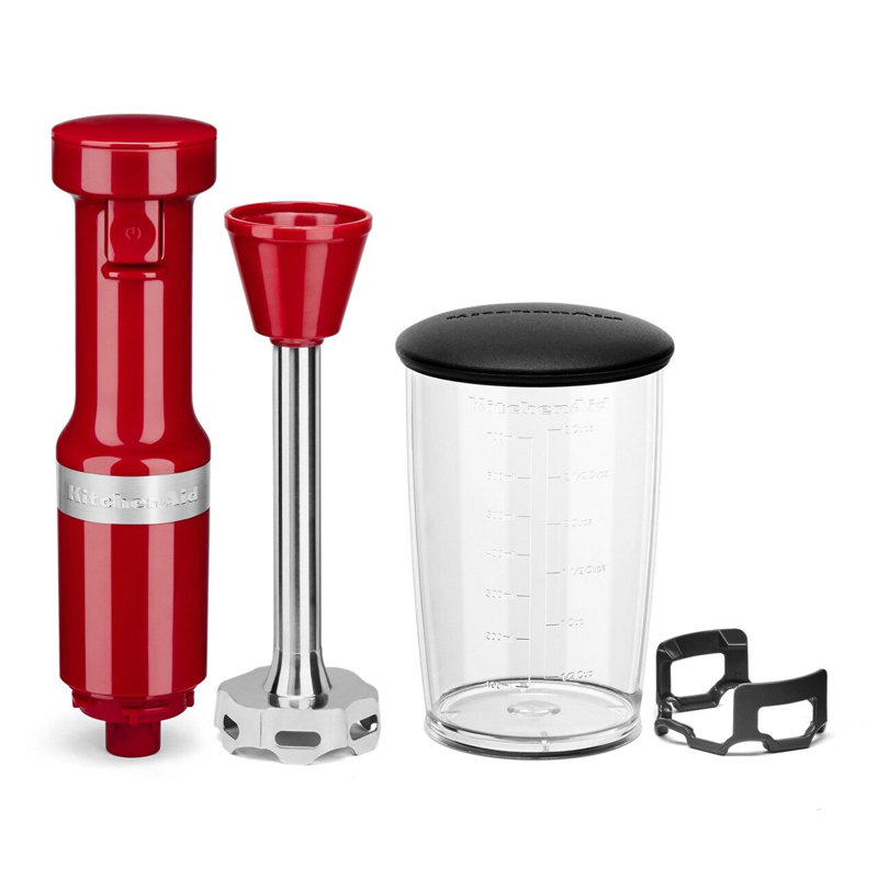 Mélangeur à immersion à vitesse variable fileté KitchenAid en rouge empire avec pot de mélange, Rouge empire