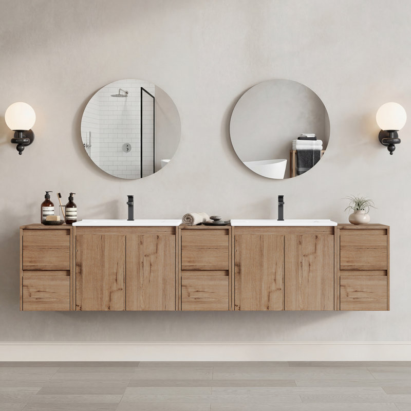 Meuble-lavabo double 84 po avec lavabo en céramique et conception sans poignée, 84"