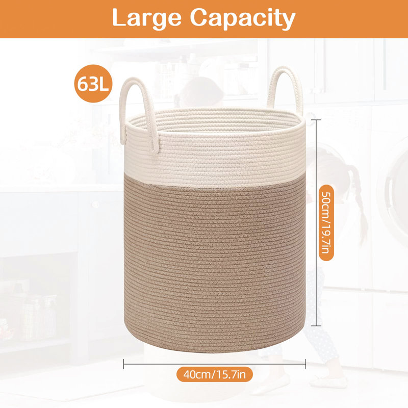Fabric Laundry Hamper with Handles, White/Brown