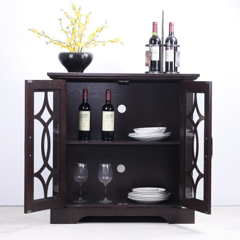 Spacious 35.25" X 15.73" 34.96" Sideboard With 2 Tempered Glass Doors, 3 - Height Adjustable Shelf, Dark Red For Dining Room Decor Storage Cabinet Area