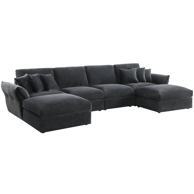Canapé modulaire en U en chenille texturée de 148,5 po de large avec 2 repose-pieds Aveline, Dark Grey