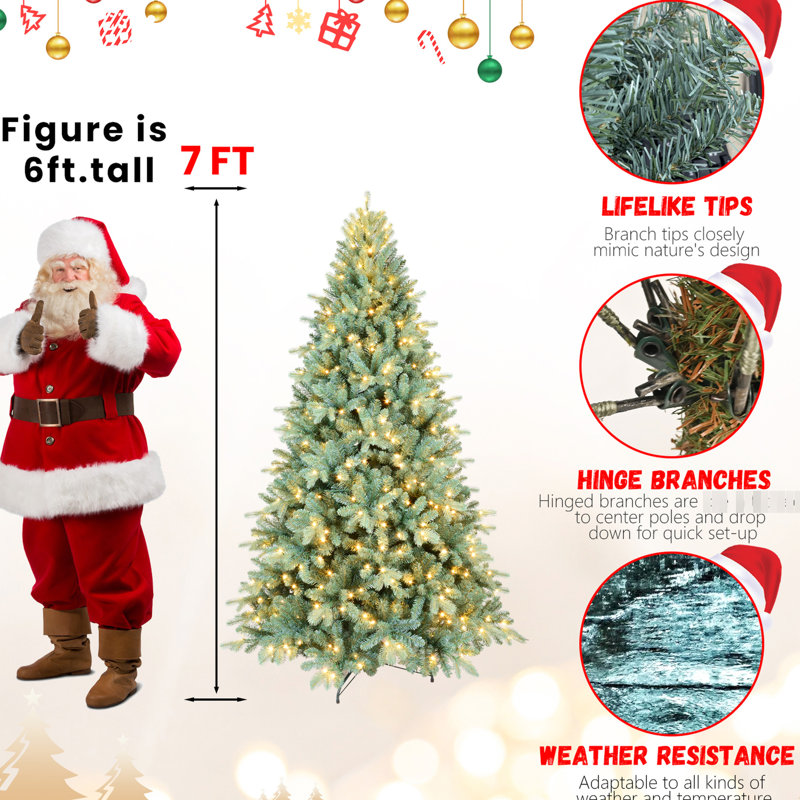 Arbre de Noël 7,5 pi avec teinte bleue, 550 lumières DEL blanc chaud, 2148 pointes, assemblage rapide, aspect naturel