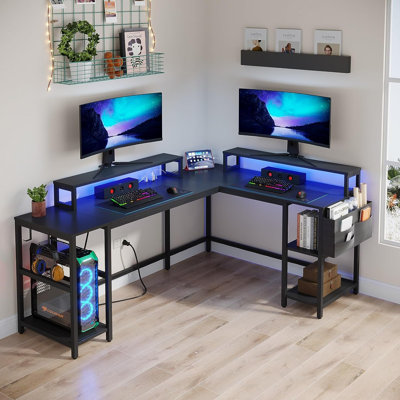 Landynn Modular L-Shaped Iron Computer Desk with Built-In Electrical Outlet