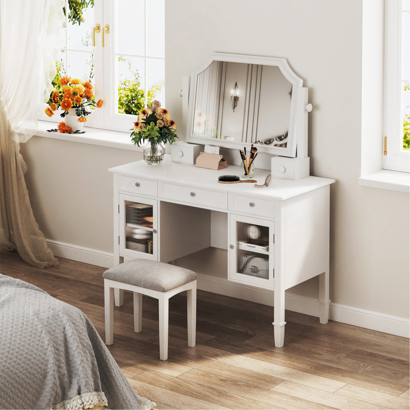 44.4" Makeup Vanity Desk With Large Adjustable Mirror,Dressing Table Set With Drawer Cabinet,Space-Saving Beauty Station For Bedroom,White