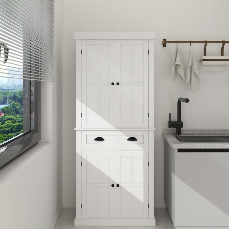 Armoires | Armoire de rangement pour garde-manger autoportante de 71 po, 4 portes, tiroir, 2 tablettes réglables, blanc neige, pour la salle à manger, la buanderie et la cuisine | Moderne | Cuisine
