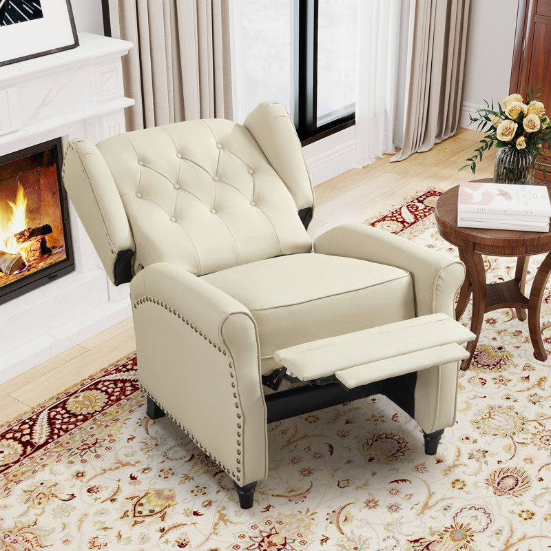 31.1" Wide Classic Top Grain Leather Push Back Recliner With Wingback Design, Beige crème