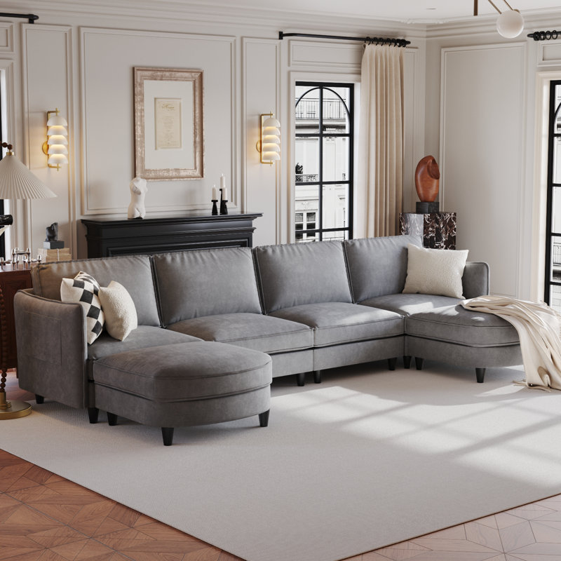 141.5'' Wide U-Shaped 6-Seater Sofa with Storage Pockets, Gray Polyester