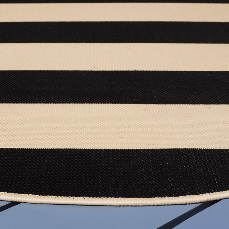 Tapis rayé beige / noir intérieur / extérieur Mestas, Rond 5 pi 3 po