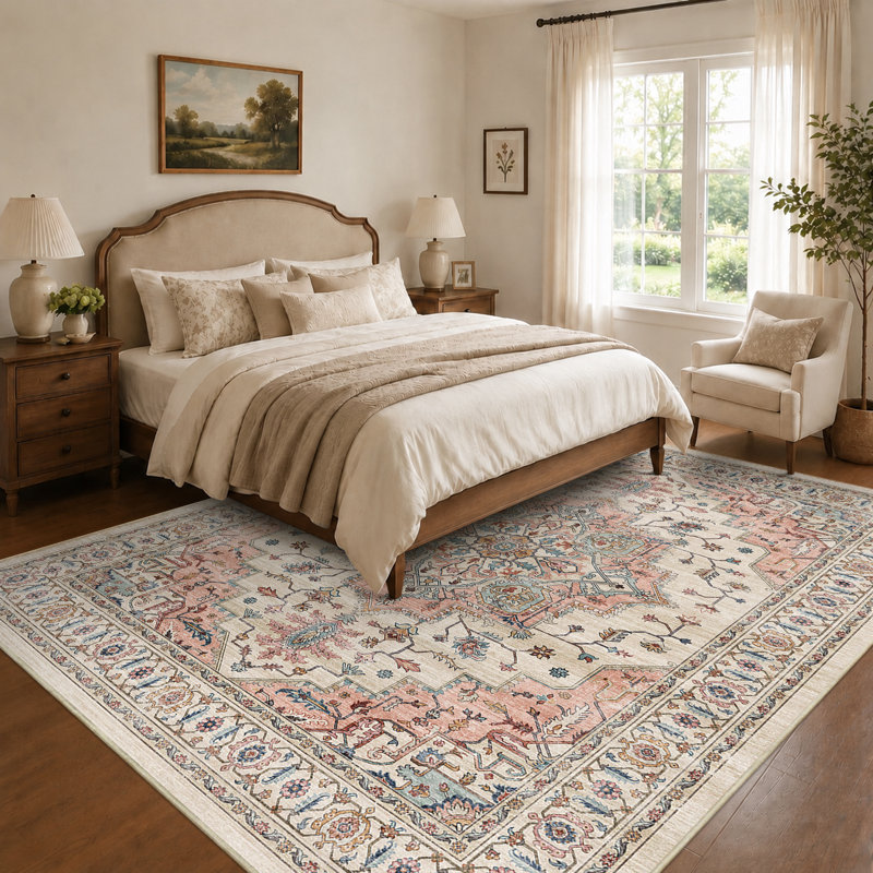 Washable Vintage Area Rug, Ultra-Soft Non-Slip Distressed Low Pile Carpet, Beige/Pink, Rectangle 8'x10'