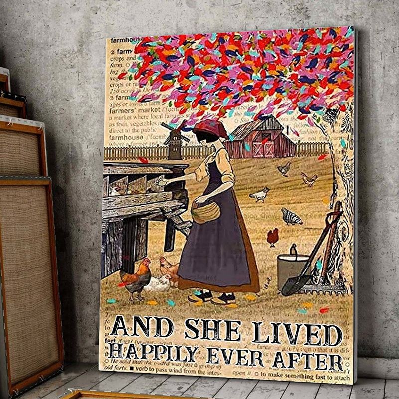 «She Lived Happily Ever After On The Farm», toile tendue avec châssis - pour fille, décoration brune et rouge