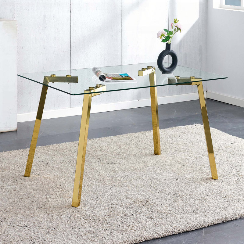Table de salle à manger rectangulaire en verre trempé avec pieds en métal doré (51 po)