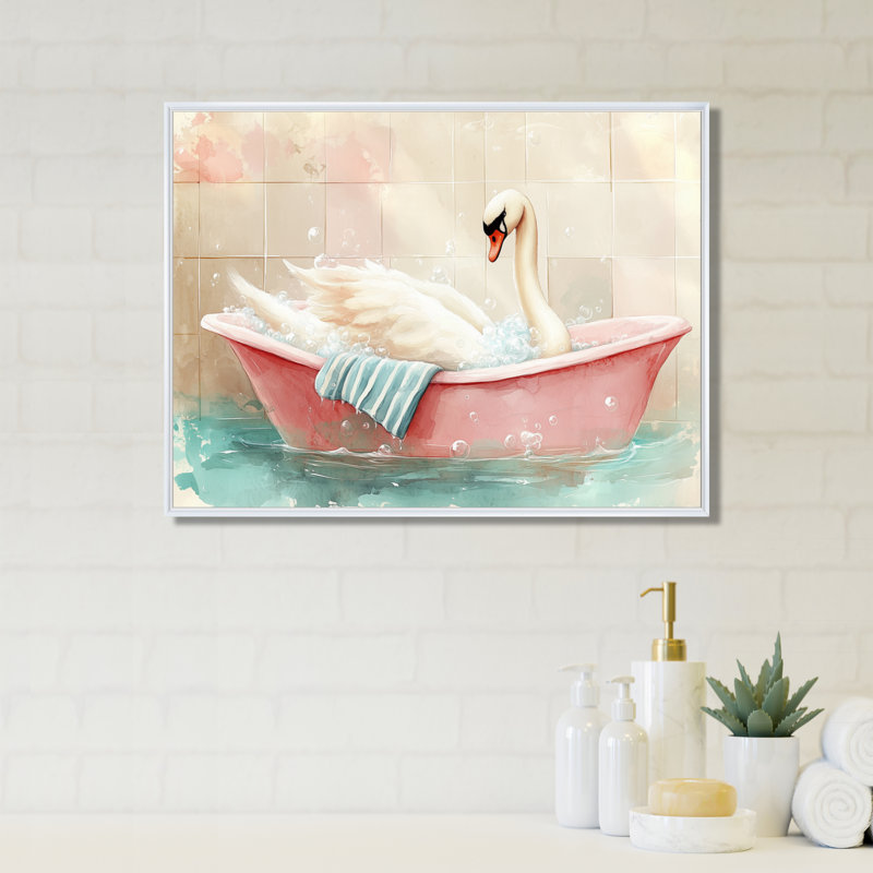 Bulles de bain rosées - Tableau encadré Cygne, H 30 po x l 40 po, Cadre flottant blanc
