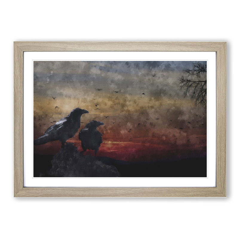 Crows at Sunset - Picture Frame Painting, Oak Framed, 36cm H x 48cm W x 2cm D