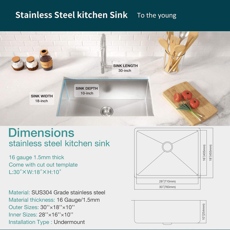 30-Inch Undermount Kitchen Sink, Premium 304 Stainless Steel Bar Sink - 10 Inches Deep Basin Single Bowl Sink