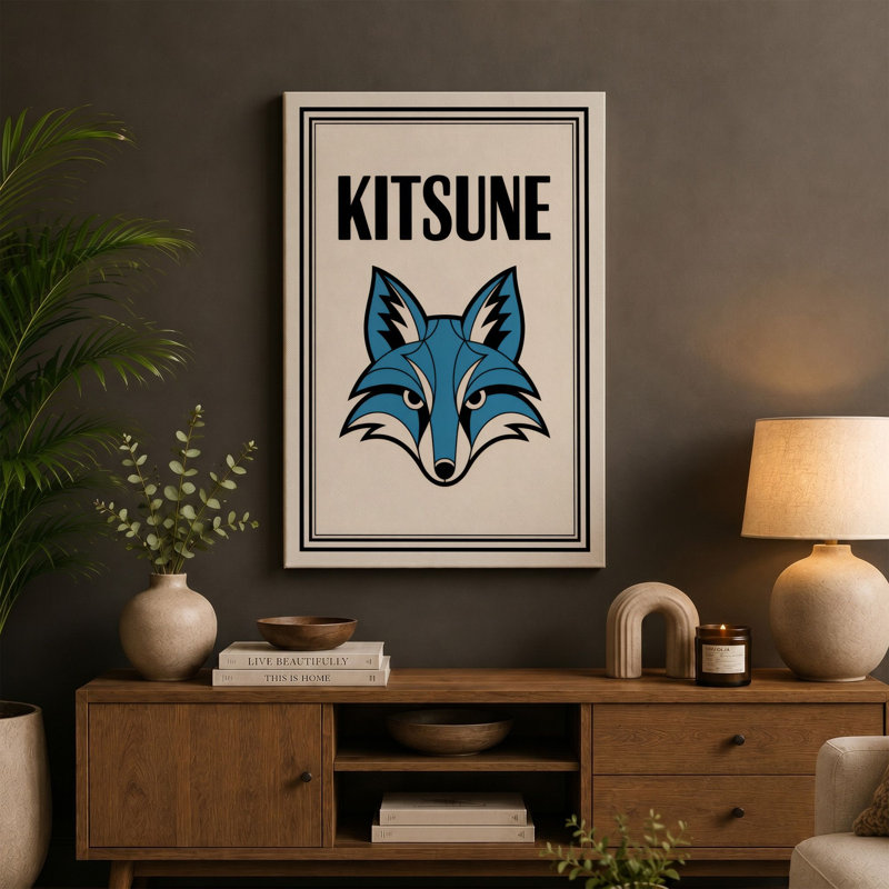 Kitsune Spirit Art Deco - Wrapped Canvas, 24x16 - 61.0 x 40.6 cm, Cream Border