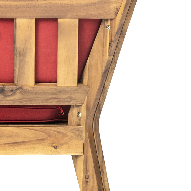Table basse rouge - fabrication en bois, sièges à lattes populaires, coussins d'eau, bois multicolore, jolis détails, housses de coussin, finition
