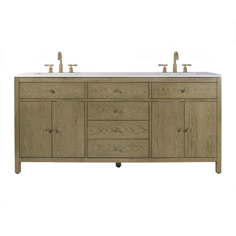 Celine 72 in Double Sink Bathroom Vanity with Quartz Top, Light Oak