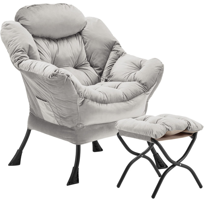 Fauteuil Lazy avec repose-pieds pliant et sac de rangement latéral, fauteuil d'appoint rembourré en velours avec structure en métal, patins antidérapants