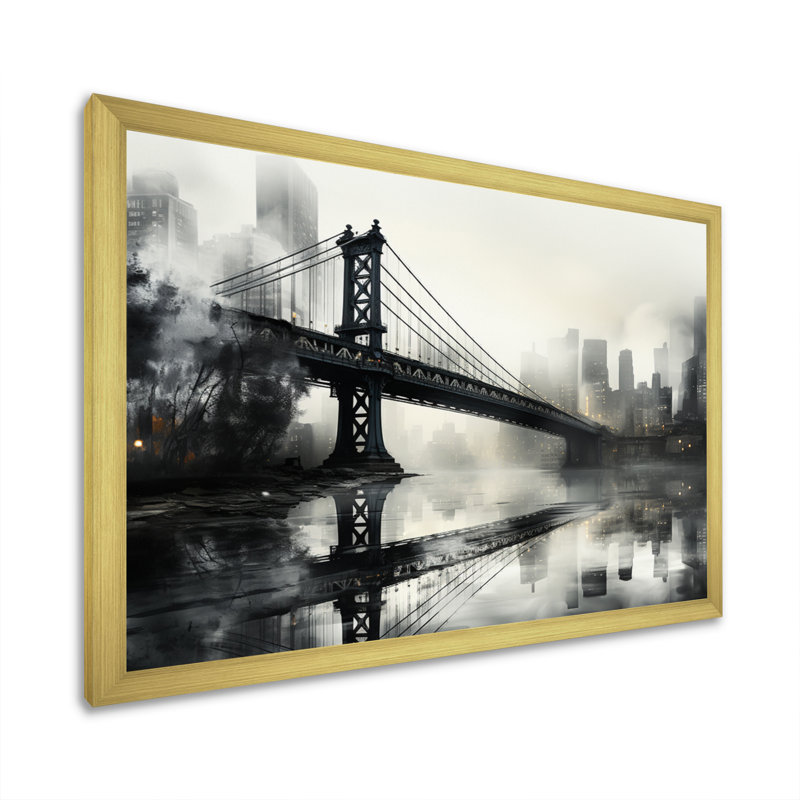 «Gray Bridge Urban Connection Charcoal I», reproduction d'art sur toile, H 12 po x l 20 po x P 1 po, Encadrement doré