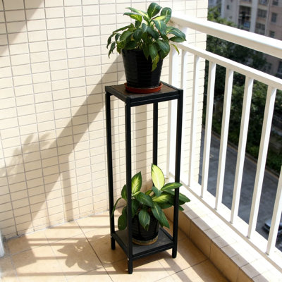 Support à plante carrée à 2 niveaux avec plateau en ardoise naturelle, pieds de nivellement réglables pour une utilisation intérieure et extérieure, grande tablette en métal de 39,5 pouces pour le jardin, le patio et le balcon