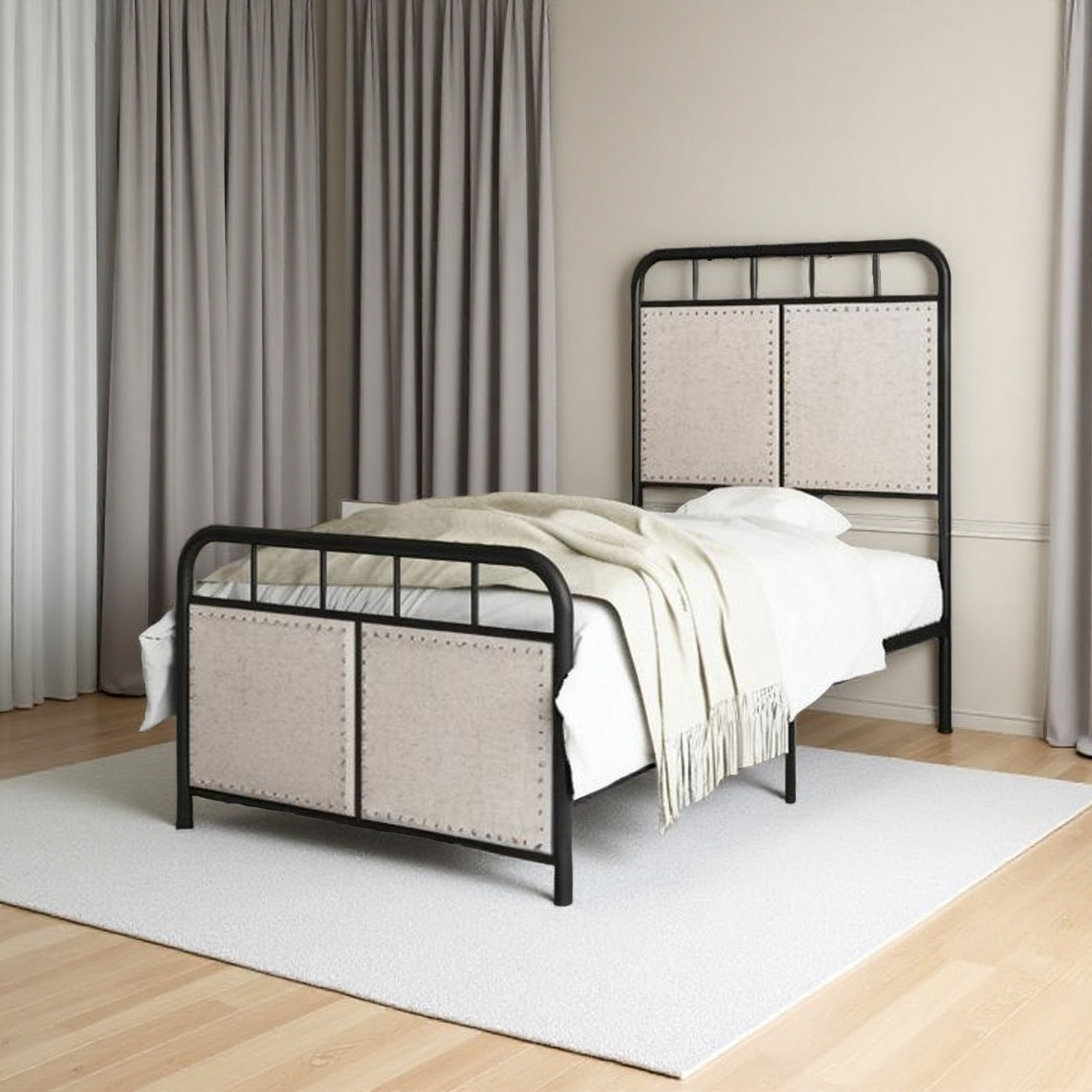Winston Porter Twin Size Linen Upholstered Platform Metal Bed Frame ...