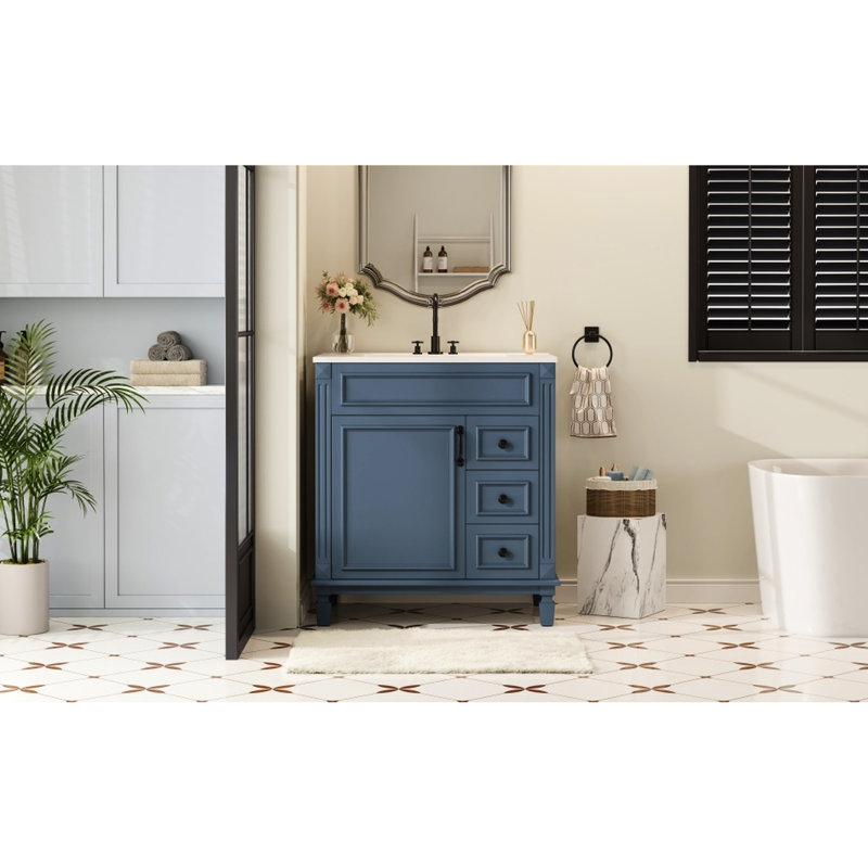 Meuble-lavabo de 30 po avec lavabo en céramique, 2 tiroirs et tablette réglable, offrant un espace de fonctionnement silencieux - solution d'économie dans un lavabo moderne à petite utilisation, des tiroirs combinant une esthétique française