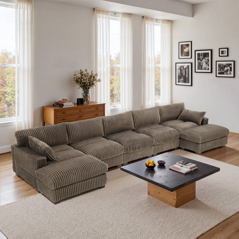 Canapé modulaire réversible en fausse fourrure de lapin de 7 pièces avec canapé modulaire et flanelle brun clair