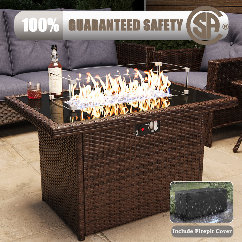 Lark Manor™ 7 Piece Wicker Patio Furniture Set with Fire Pit Table, Classis Outdoor Conversation 360 Degree Swivel Chairs Set with Coffee Table