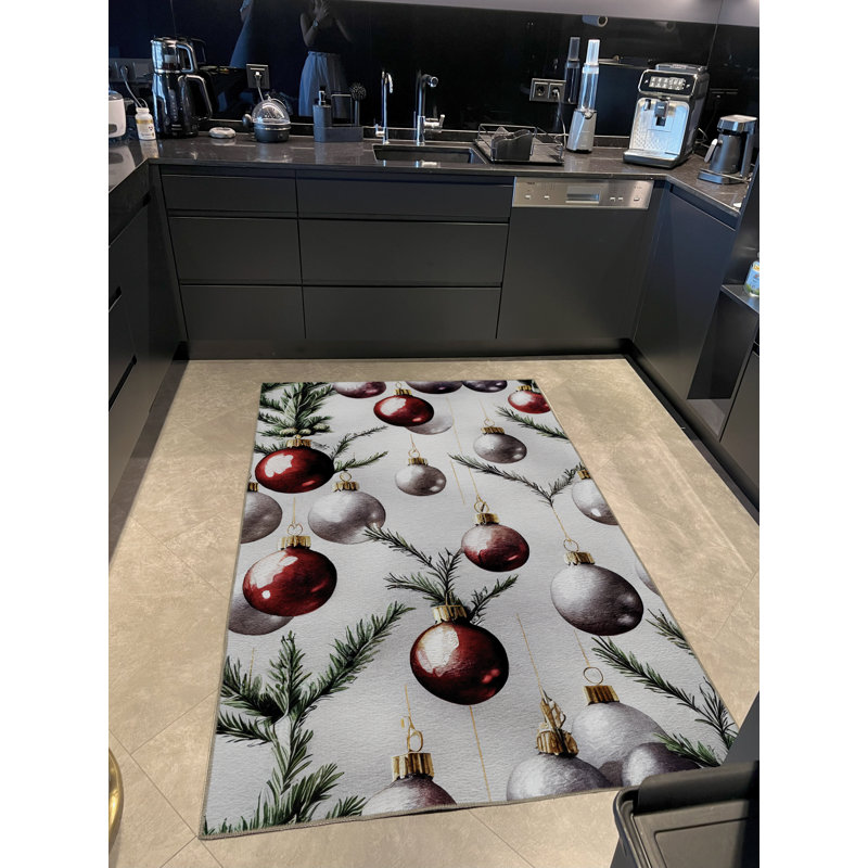 Tapis décoratif moderne beige à motif d'arbre et d'ornement sur le thème de Noël, Rectangle 4 pi 11,06 po x 9 pi 10,11 po