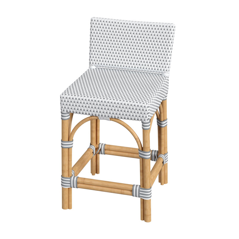 Serienna Blue & White Rattan Low Back Counter Stool, Counter Stool 24" Seat Height, White/Gray Dot