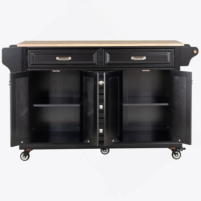 Kitchen Island With Rubber Wood Countertop, Kitchen Cart On 5 Wheels With Storage Cabinet