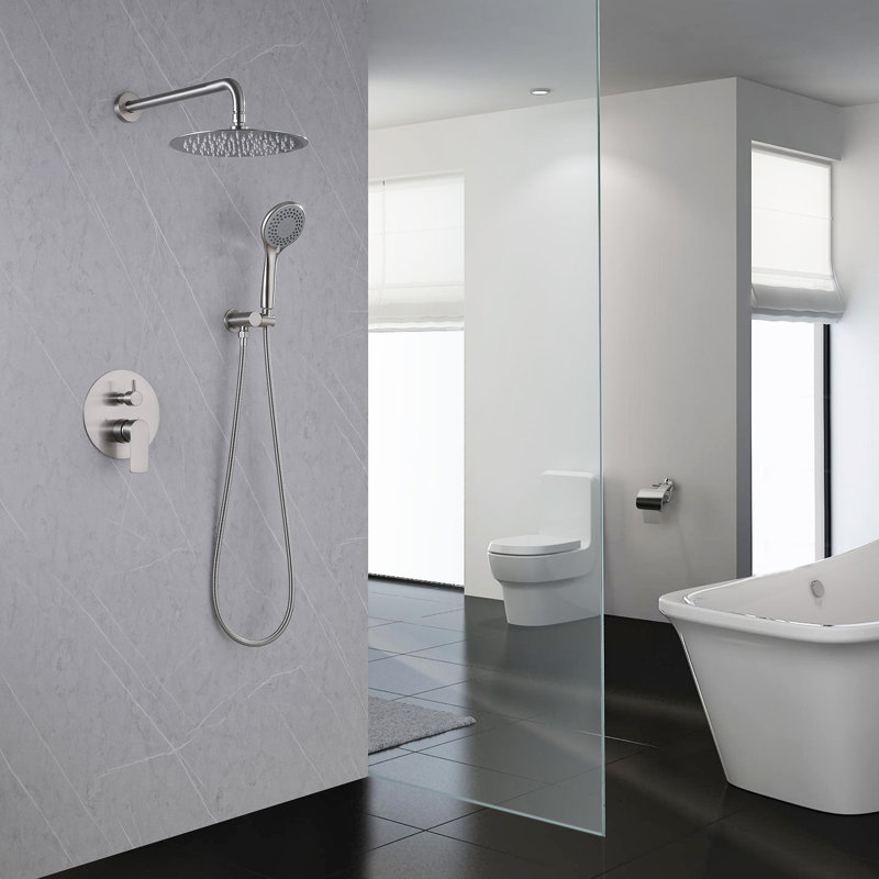  10" Round Complete Shower System with Rough-in Valve and Handheld Shower, Brushed Nickel