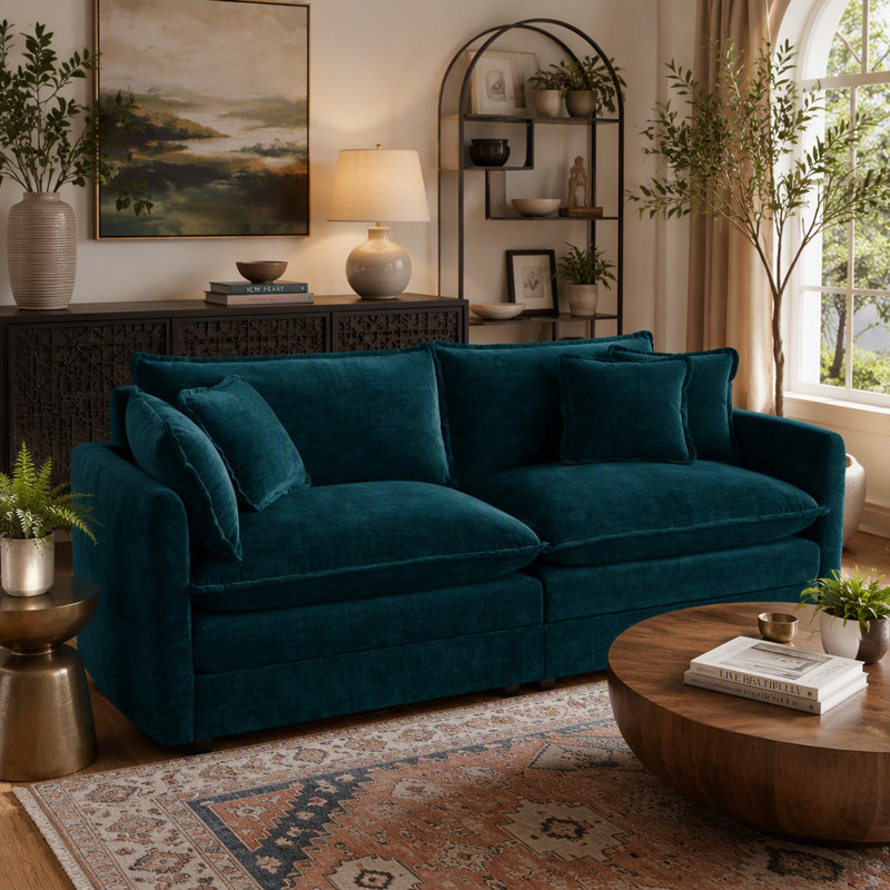Canapé d'angle modulaire Allure, bleu sans accoudoirs, 1 place avec pouf, chenille pour salon