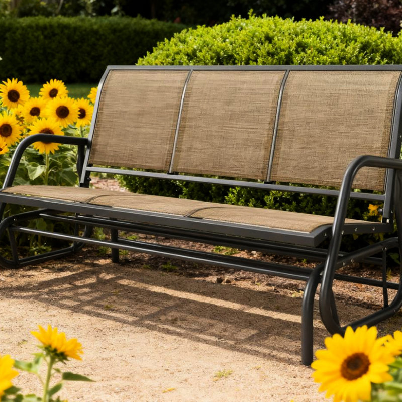 Banc de patio coulissant avec 3 sièges, filet brun mélangé, structure en métal, 57,9 po x 27,6 po, charge extérieure 660 lb de chaise d'extérieur en filet respirant et coulissant thermolaqué lisse, hauteur 33,5 po