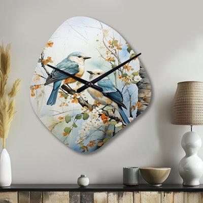 Birds On American Basswood Tree Bird - Arbres horloges murales asymétriques en métal, horloge murale bleue