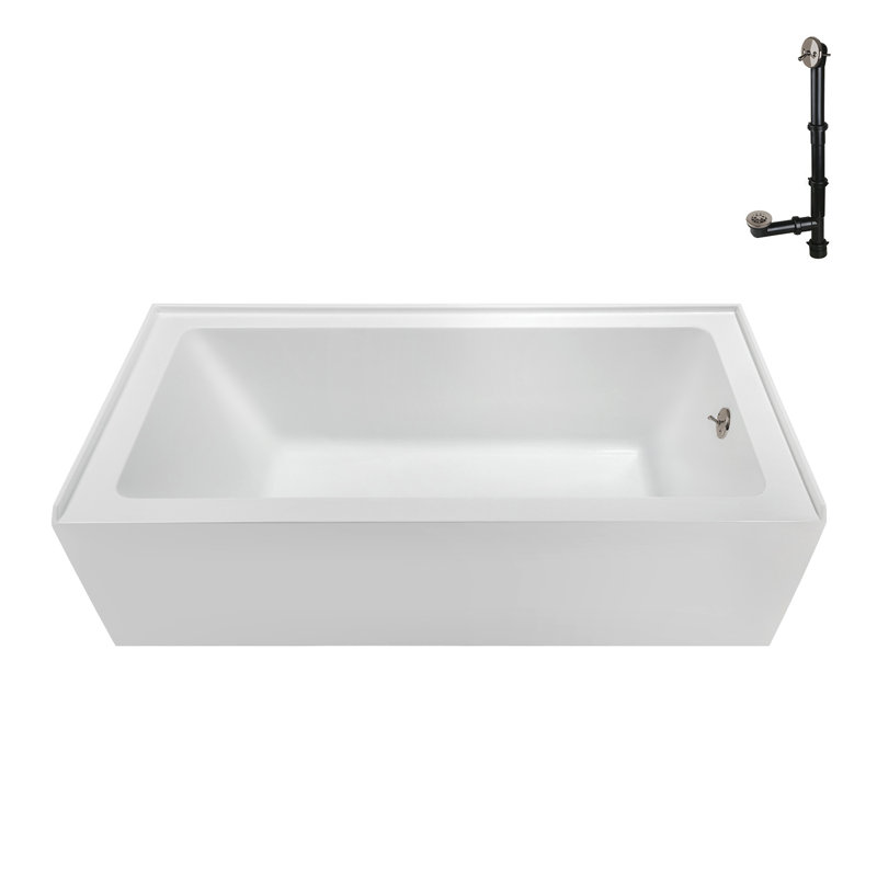 Baignoire en alcôve en acrylique blanc brillant avec drain extérieur 66 po x 32 po Streamline, Nickel brossé