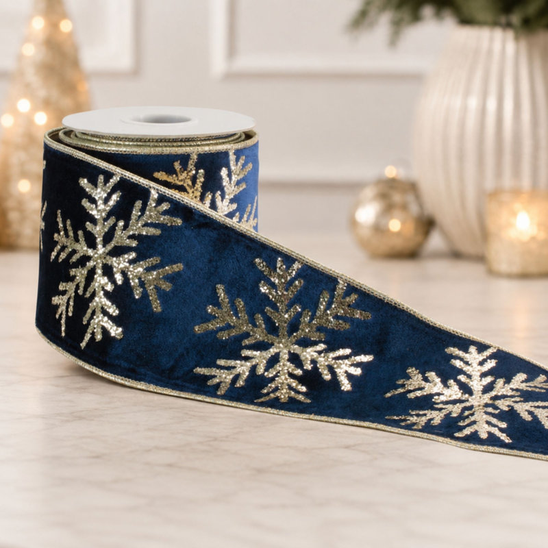 Ruban câblé en velours flocon de neige 4 po x 5 po, Bleu / argent