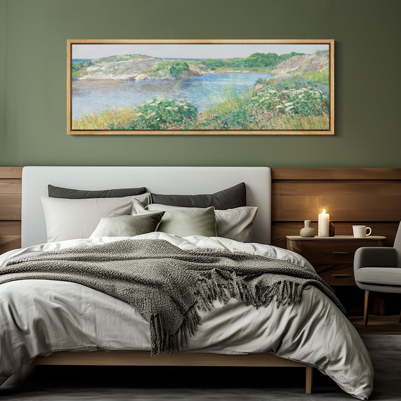 "Pastoral River Scene", campagne rétro rétro, très grande impression murale encadrée, H 20 po x l 60 po, Naturel