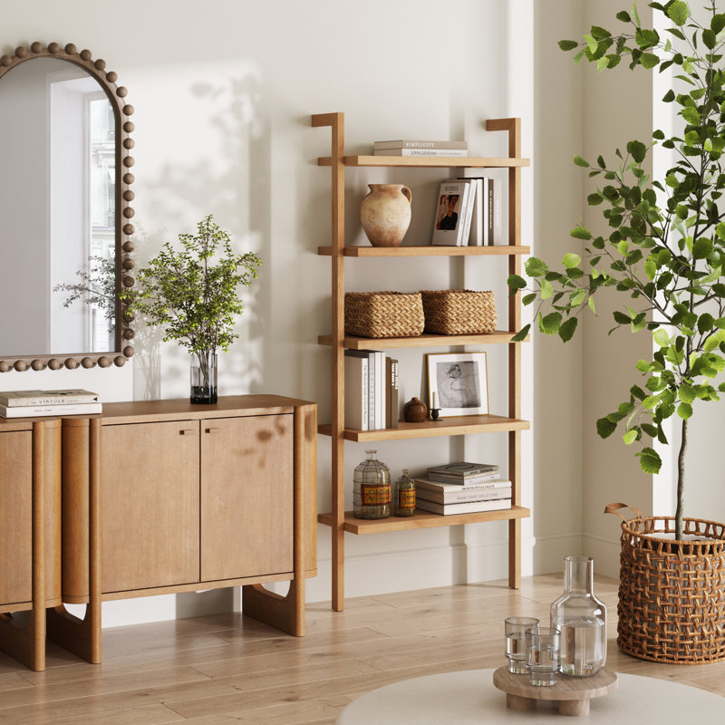 5-Tier Wall Mounted Solid Wood Bookshelf, Warm Pine