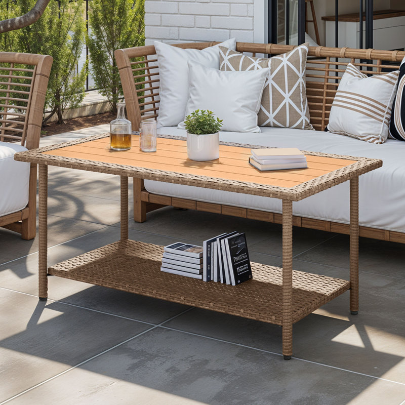 Rectangular All-Weather Wicker Outdoor Coffee Table with Storage