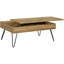 Chêne doré, noir, rectangulaire, table basse à plateau relevable, espaces de rangement cachés, structure en bois d'ingénierie, finition élégante en placage de chêne, supports de pieds en métal noir, compartiments zones de vie et stratifié